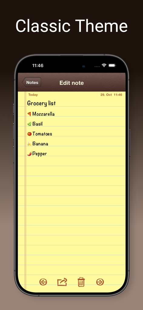 SkeuoNotes - 가죽 헤더가 있는 노란색 줄무늬 종이에 식료품 목록을 보여주는 SkeuoNotes 앱 클래식 테마