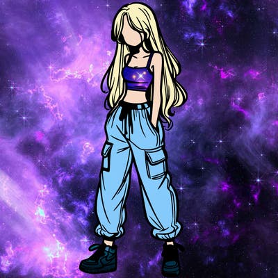 girl in baggy pants crop top and long hair