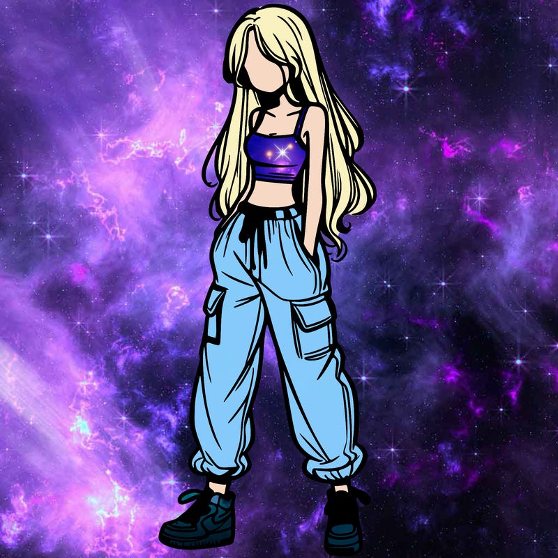 girl in baggy pants crop top and long hair