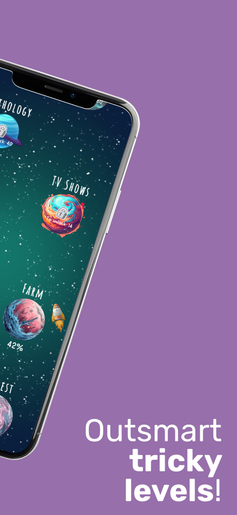 Worlds of Words - Pantalla de selección de nivel con temática espacial en la aplicación Mundos de Palabras que muestra niveles planetarios como Mitología y Programas de TV