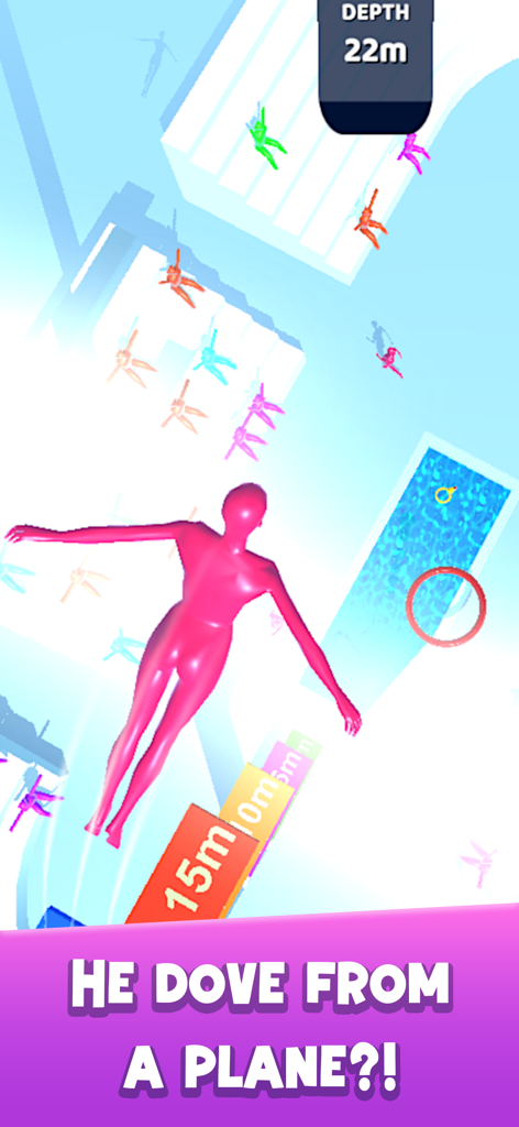 A pink 3D character performing a high-altitude dive towards a swimming pool in Flip and Dive 3D