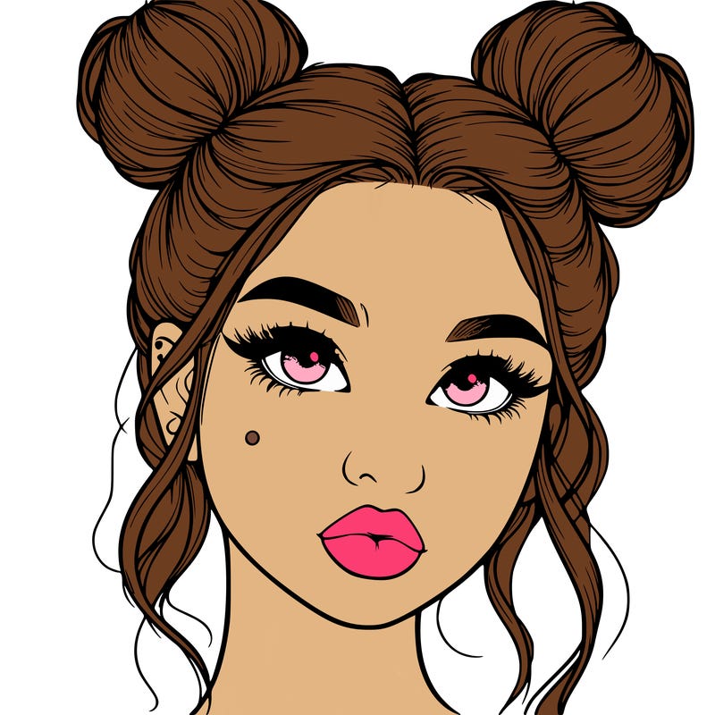 realistic girl with two buns on her hair and lips