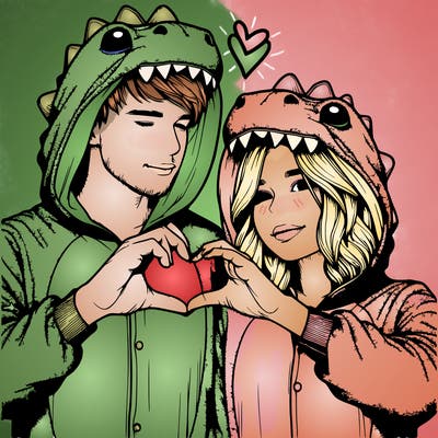 realistic couple wearing matching dinosaur onesies with heart hand gesture