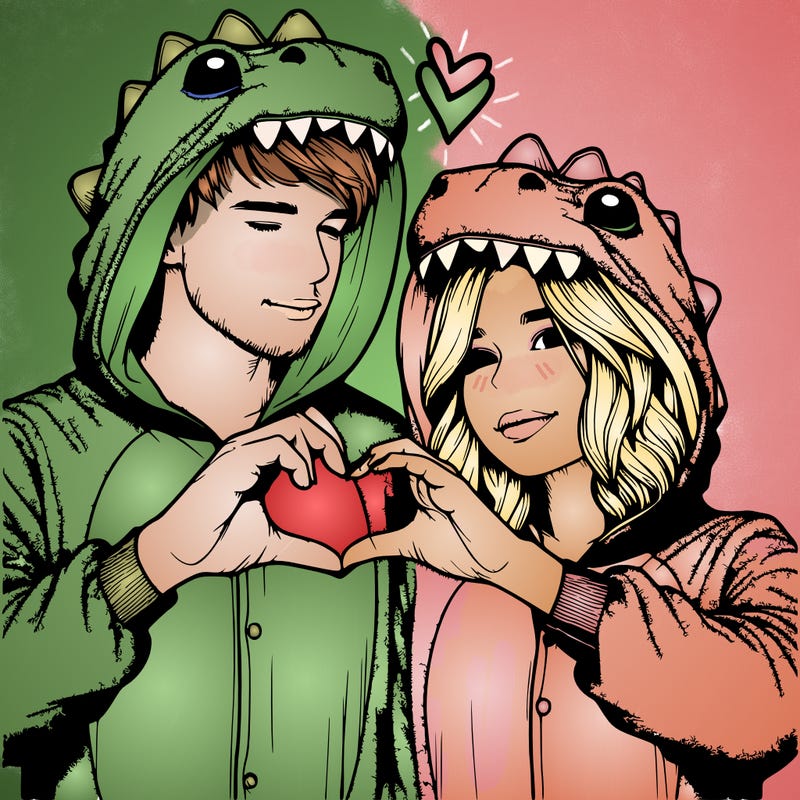 realistic couple wearing matching dinosaur onesies with heart hand gesture