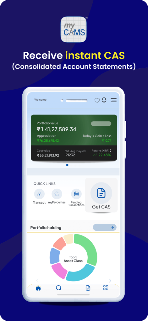 myCAMS Mutual Fund App - Dashboard der myCAMS Investmentfonds-App, das den Wert des Investmentfonds-Portfolios und ein Diagramm zur Verteilung der Anlageklassen anzeigt