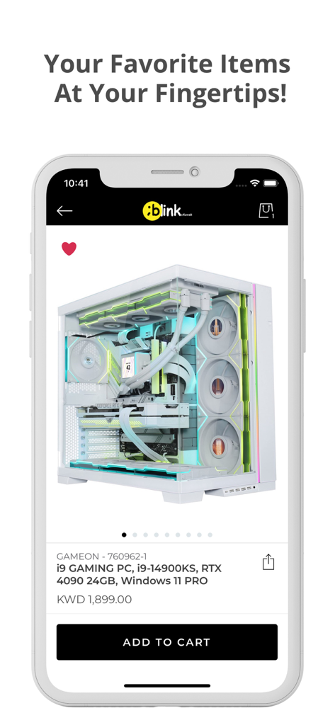 Blink Online Shopping - Pantalla de la aplicación móvil Blink Compras Online mostrando una PC gaming blanca de alta gama con iluminación RGB.