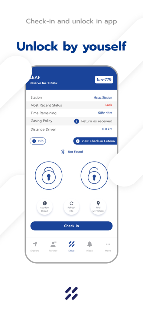 Haup - Digital car unlock and check-in screen on the HAUP car sharing mobile app