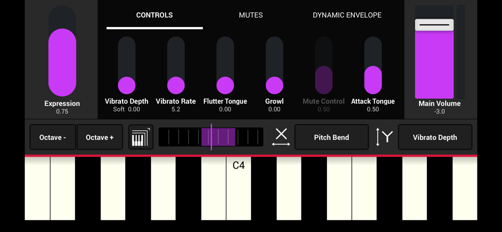 표현력이 뛰어난 사운드 컨트롤과 가상 피아노 키보드를 표시하는 SWAM 플루겔혼 앱의 사용자 인터페이스
