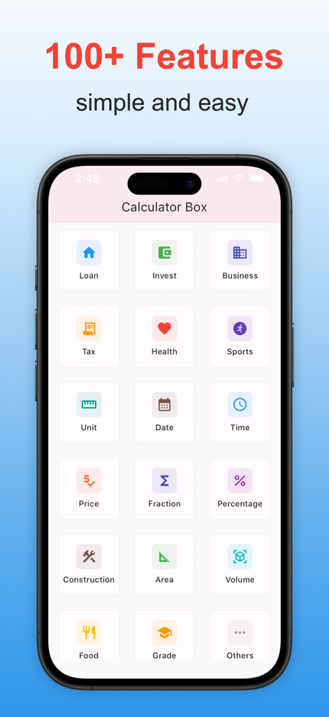 Calculator Box:All-in-one clac - Dashboard of Calculator Box app showing a grid of calculator categories like loan tax health and construction
