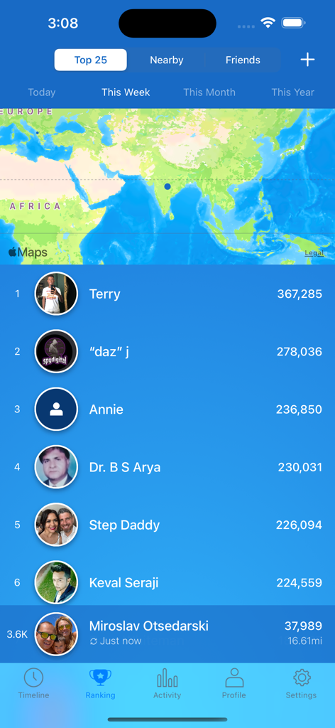 Outwalk - Outwalk app screenshot showing a weekly step leaderboard with global rankings and user step counts