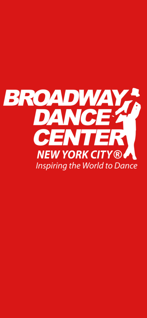 Pantalla de bienvenida de la app oficial Broadway Dance Center de Nueva York con logo blanco y eslogan sobre fondo rojo