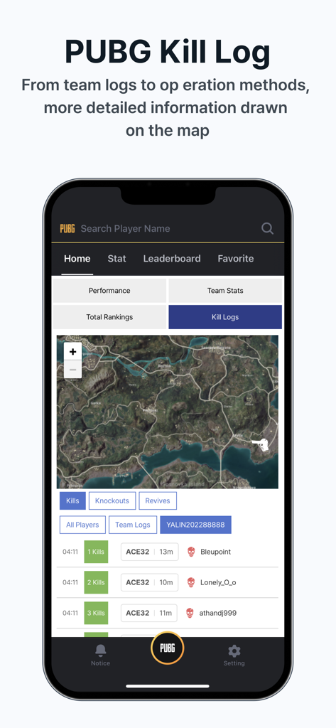 DAK.GG mobile app PUBG kill log showing match stats and player locations on a map