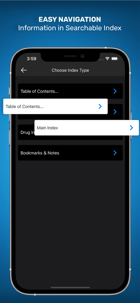Searchable index and navigation menu in the Internal Medicine On Call app.