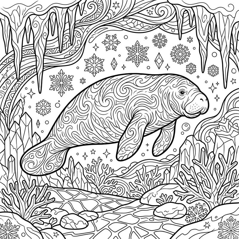 Embark on a unique coloring adventure with this stunning depiction of a manatee gliding through an enchanting underwater winter scene. This detailed template offers a perfect blend of marine life and frosty charm, ready for your creative touch.