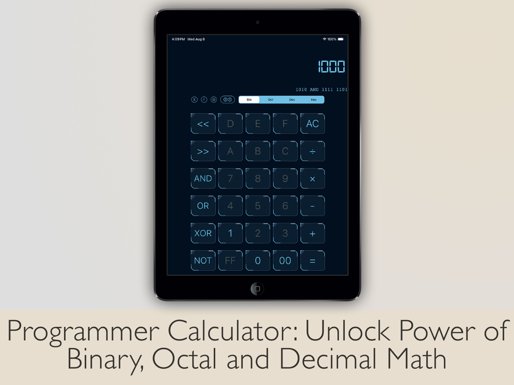 Programmer calculator interface for binary octal and decimal math on iPad