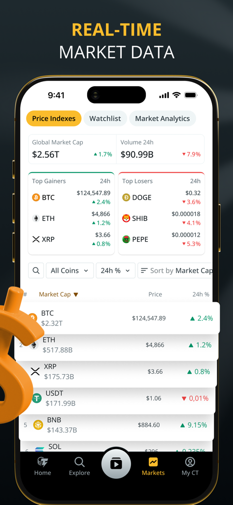 Datos de mercado de criptomonedas en tiempo real e índices de precios en la interfaz de la aplicación Cointelegraph.