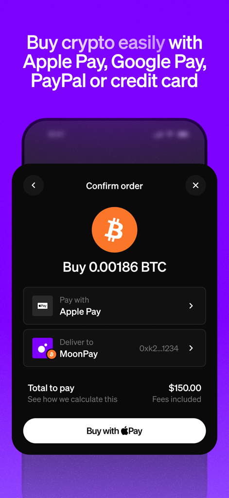 Tela de confirmação do aplicativo MoonPay para comprar Bitcoin com Apple Pay