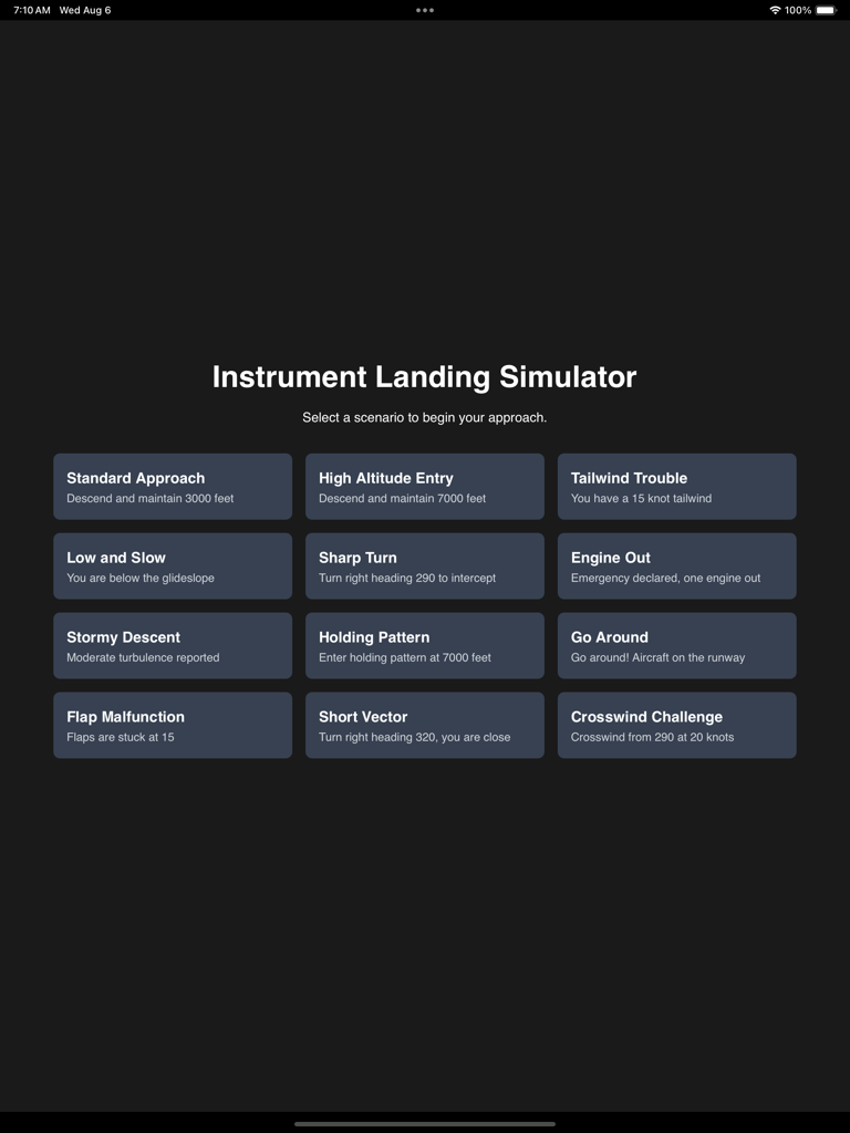 Aircraft Instrument Simulator - エンジンの故障や嵐の降下など、さまざまな着陸課題を示す航空計器シミュレーターのシナリオ選択メニュー。