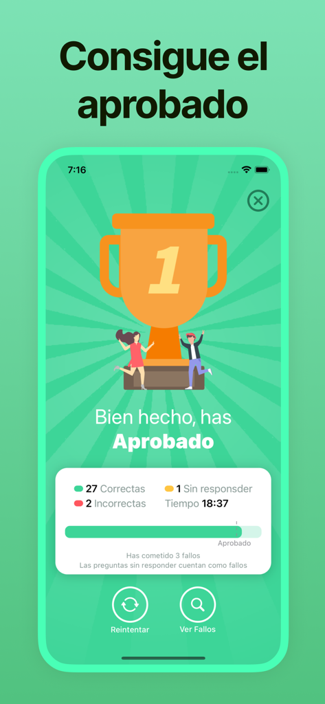 TEST DGT examen autoescuela - Success screen of the driving test app showing a passed exam result and a trophy.