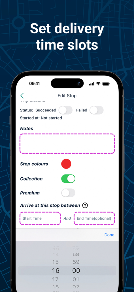 Delm8 City Navigation, Maps UK - Delm8 app screen showing options to edit a stop and set arrival time slots for deliveries
