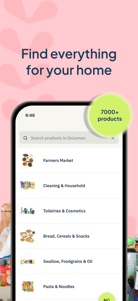 GoLemon: Grocery & Essentials - GoLemon app interface displaying various shopping categories like Farmers Market and Cleaning and Household items with a badge highlighting over 7000 products.
