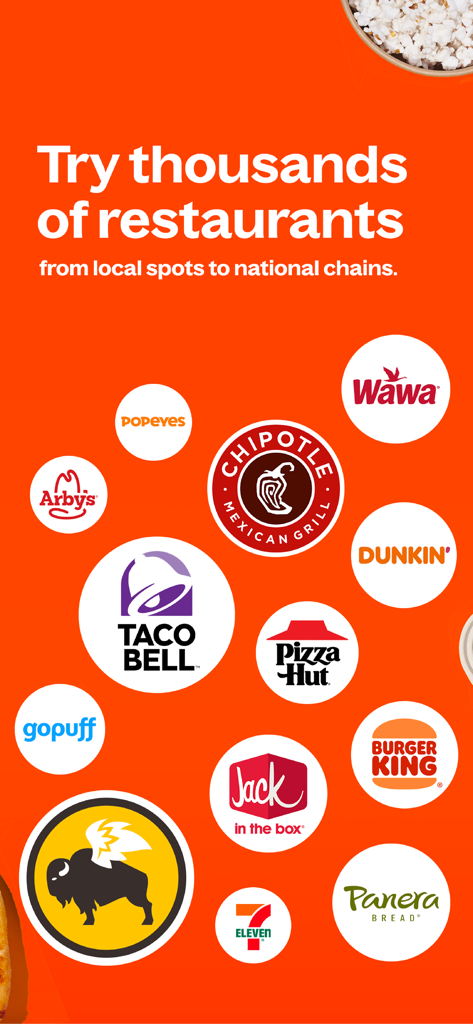 Pantalla de la aplicación Grubhub que muestra logotipos de cadenas de restaurantes nacionales populares como Taco Bell Chipotle y Burger King