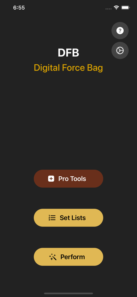 Digital Force Bag - Main menu of the Digital Force Bag app showing buttons for Pro Tools Set Lists and Perform