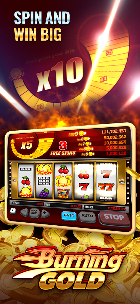 Gold Party Casino - Screenshot of Burning Gold slot machine in Gold Party Casino app showing a multiplier wheel and spin and win big text