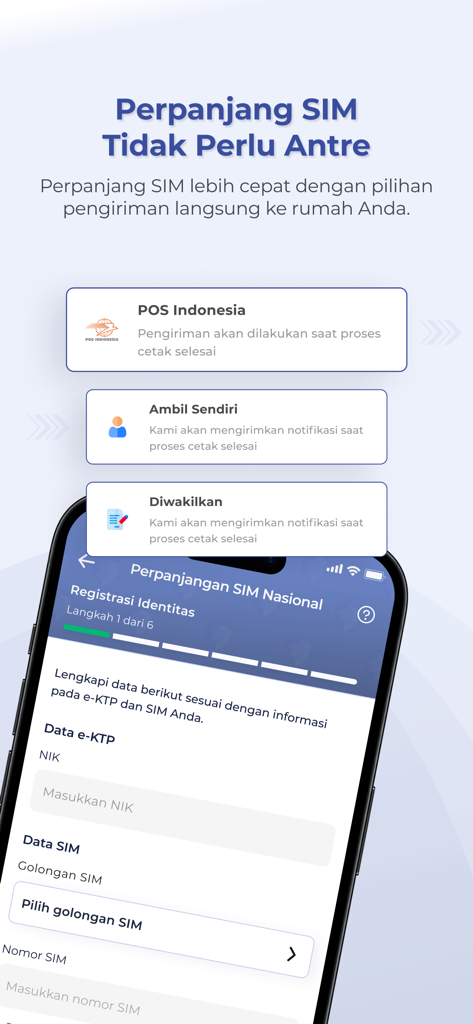 Interfaz de la aplicación Digital Korlantas POLRI para renovación de licencia de conducir en línea y registro de identidad
