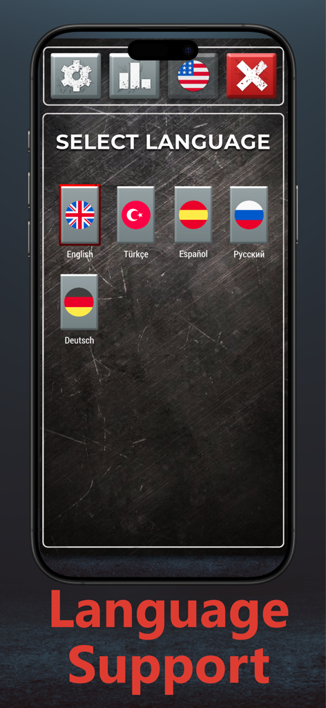 Spirit Chat Box - Ghost Talker - La schermata di selezione della lingua dell'app Spirit Chat Box che mostra opzioni per inglese, turco, spagnolo, russo e tedesco.