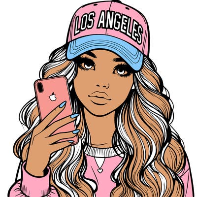 realistic beautiful girl wearing los ángeles cap holding an iphone