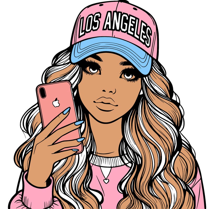 realistic beautiful girl wearing los ángeles cap holding an iphone