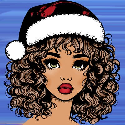 realistic girl with a santa hat curly hair and lips