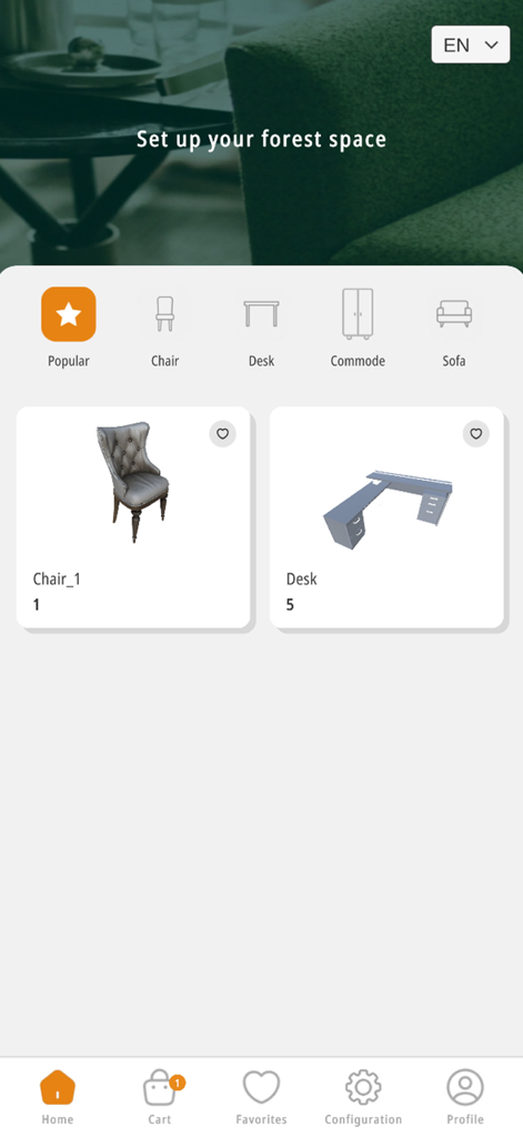 Interface of the Easy AR Furniture app showcasing a catalog of 3D furniture models including a chair and a desk.