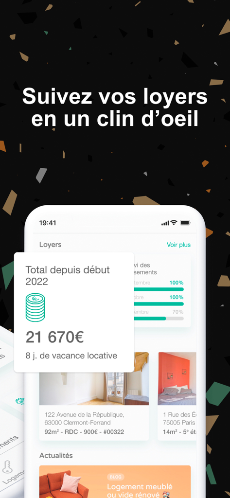 Tableau de bord de l'application mobile Manda montrant le suivi des revenus locatifs en temps réel et les statistiques de vacance des propriétés pour les propriétaires