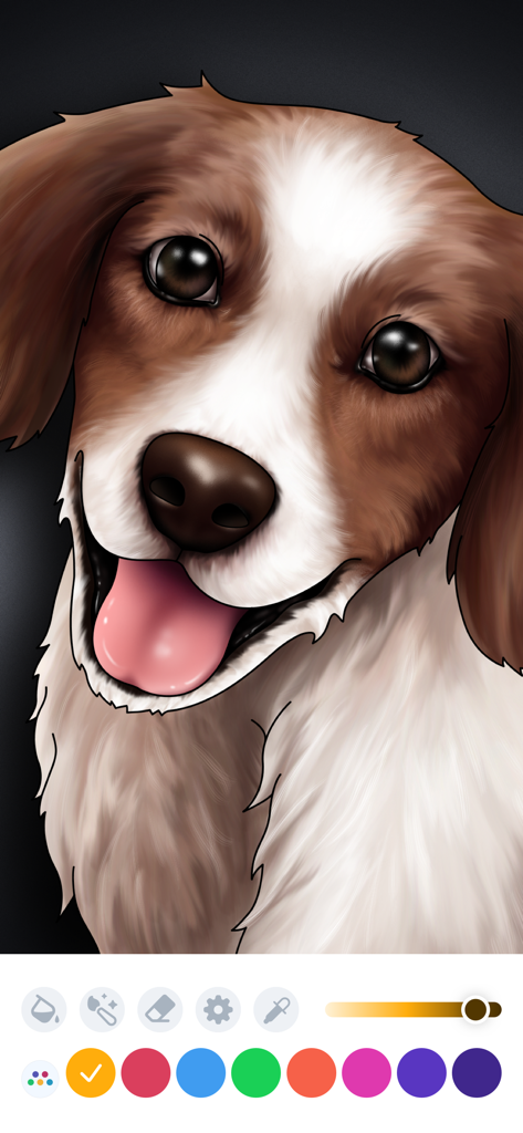 Coloring Book - ColorGuru - Une illustration numérique détaillée d'un chien marron et blanc en cours de coloriage dans l'interface de l'application ColorGuru