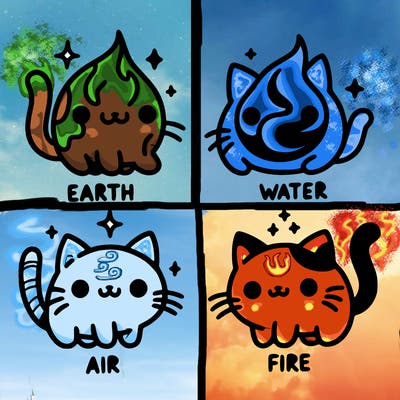 4 cats that represent the different elements, earth, water, air, and fire