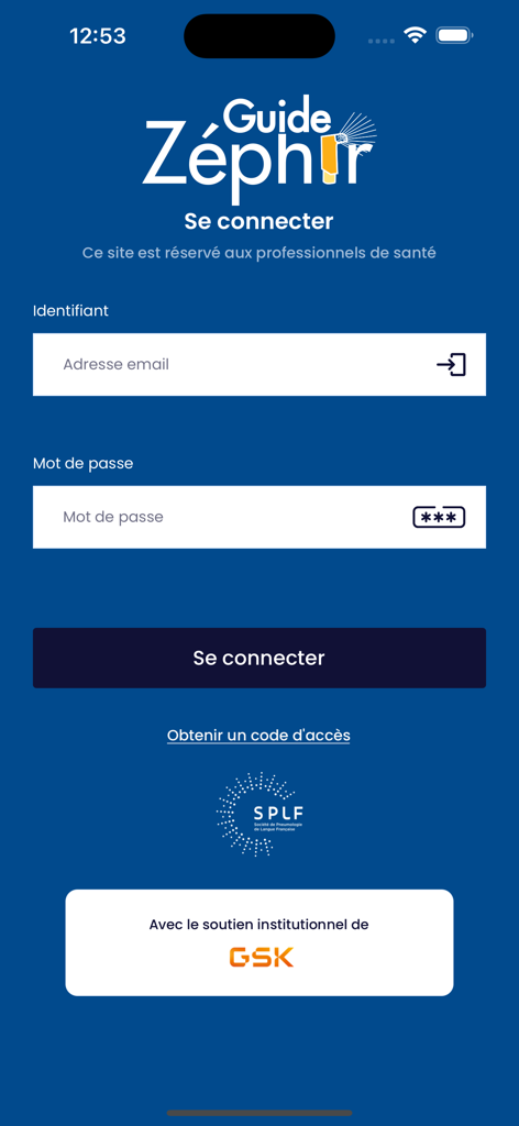 Écran de connexion de l'application médicale Guide Zephir affichant les champs e-mail et mot de passe pour les professionnels de santé