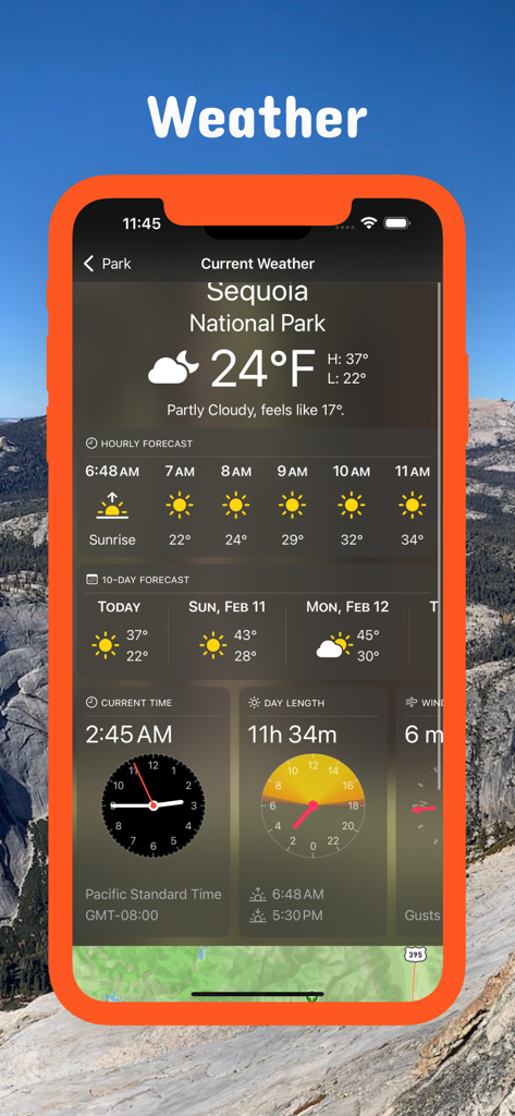 시간별 및 10일간의 일기 예보를 보여주는 캘리포니아 포켓 지도 앱의 세쿼이아 국립공원 날씨 예보.