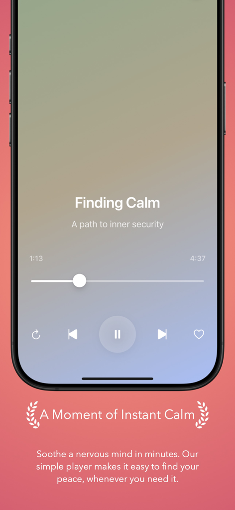 Minday: Daily Meditation - Interfaccia minimalista del lettore di meditazione per l'app Minday che mostra una sessione intitolata Trovare la Calma