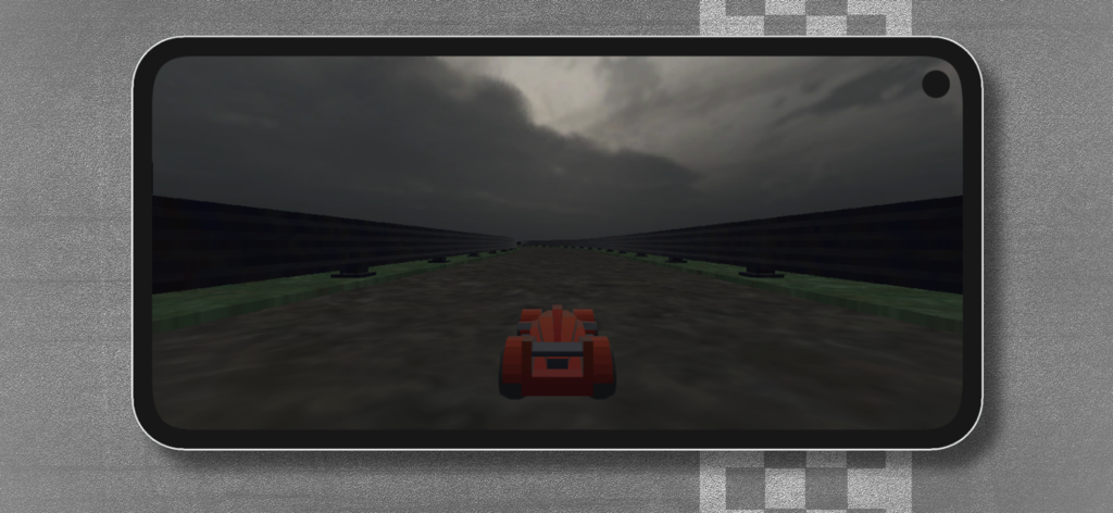 AudioRace - Un coche de carreras rojo conduciendo en una pista oscura bajo un cielo nublado en el juego AudioRace.