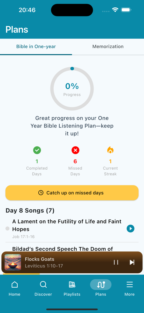 Music Bible: Scripture Songs - A screenshot of the Music Bible app showing the progress of a one year Bible listening challenge.