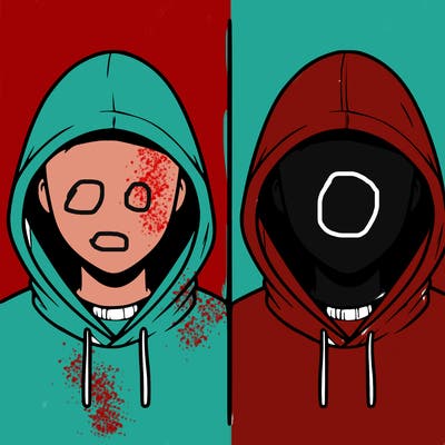 a person with a hoodie and no face, the drawing is split in 2
