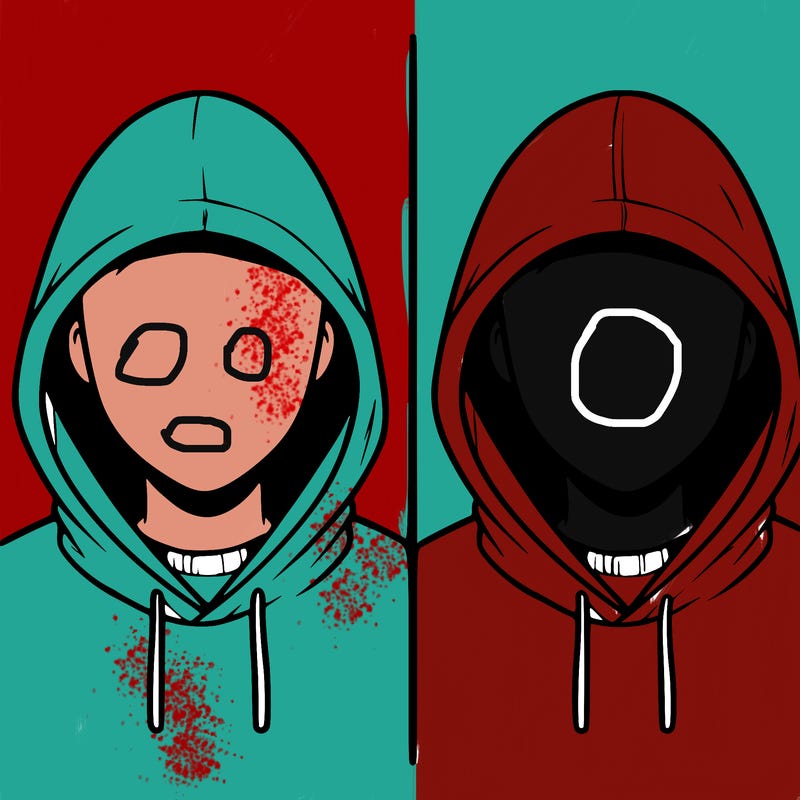 a person with a hoodie and no face, the drawing is split in 2