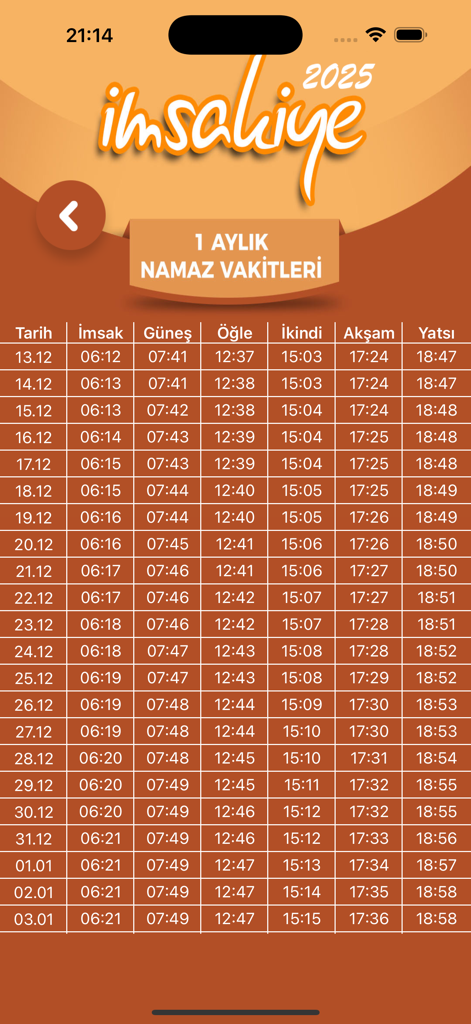 İmsakiye - 2026 - Monthly prayer times table in the Imsakiye 2026 app showing daily schedules for prayer