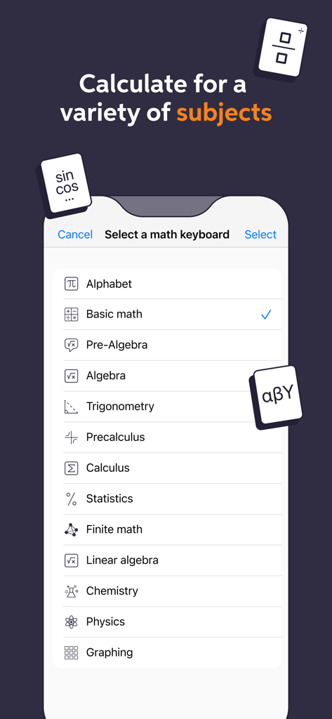 Chegg Study - Homework Help - A list of math keyboards for different subjects in the Chegg Study app including Algebra and Calculus
