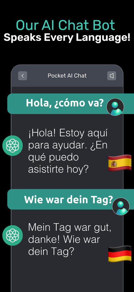 PocketAI chatbot interface showing conversation examples in Spanish and German with international flags.