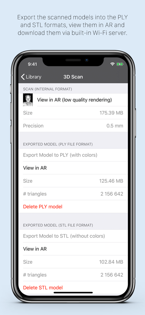 Interface of Heges 3D Scanner app showing export options for PLY and STL file formats