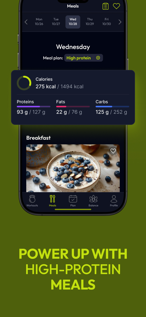 Resilient: strength workouts - Resilient app showing high protein meal plan with calorie and macronutrient tracking