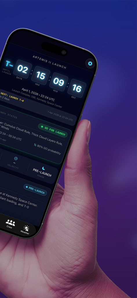 Artemis II Tracker - A hand holding an iPhone displaying the Artemis II mission launch countdown timer and mission status